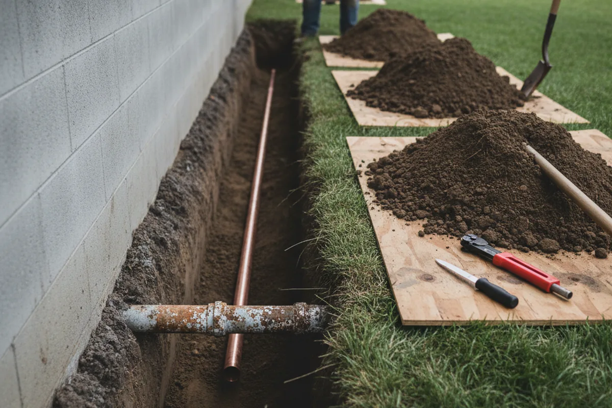 Excavated water line trench during Water Softener Installation in Pearblossom